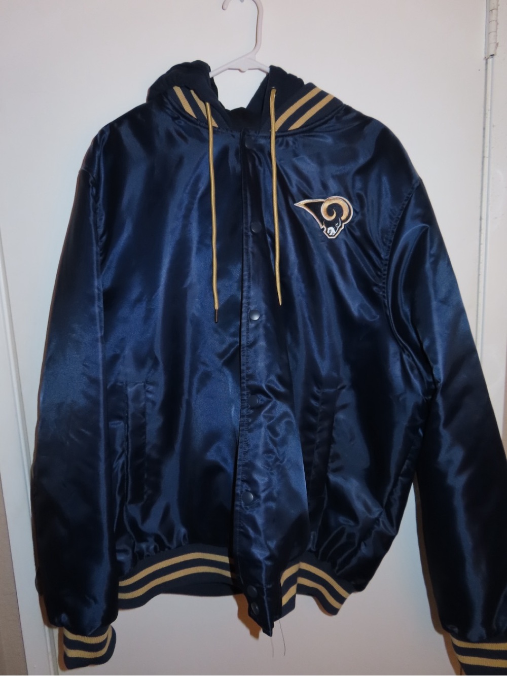 NFL Rams Navy Satin Hooded Bomber Jacket with Gold Accents